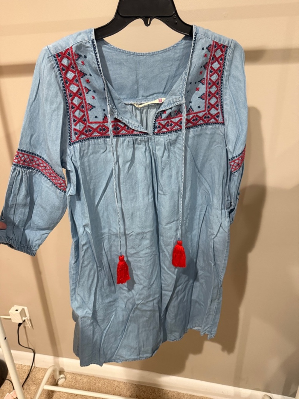Light Blue Embroidered Peasant Dress with Red Tassels